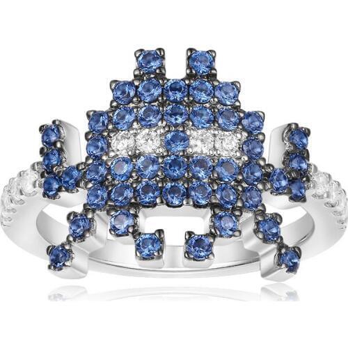 SLJELY Brand Pure 925 Sterling Silver Dark Blue Space Shooter Ring Pave Full Blue Cubic Zirconia Stones for Women Fine Jewelry