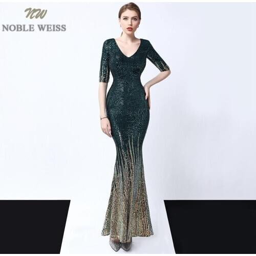 Evening dresses Half Sleeve sexy v-neck mermaid black/Green/ Wine red sequin Prom dress floor length in stock evening gown