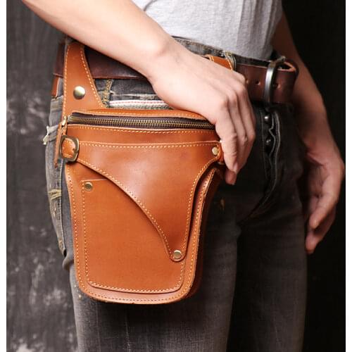 VECOSRY Original Leather men Brown Casual Fashion Small Shoulder Messenger Bag Designer Travel Belt Waist Pack Drop Leg Bag Male