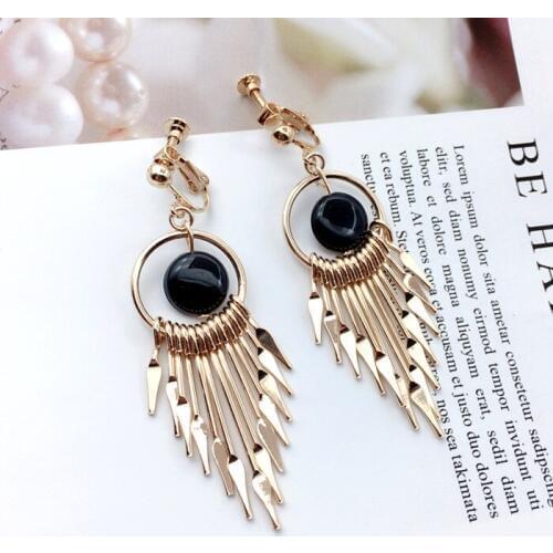 Vintage Bohemia Big Earrings Statement Ear Clip on Earrings Round Geometric Long Tassel Earrings Screw Clips No Pierced