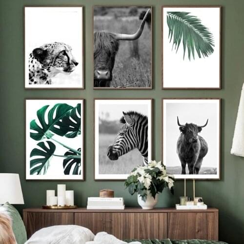Nordic Vintage Poster Zebra Yak Cheetah Green Leaf Canvas Printing Art Oil Painting Home Living Room Wall Decoration Picture