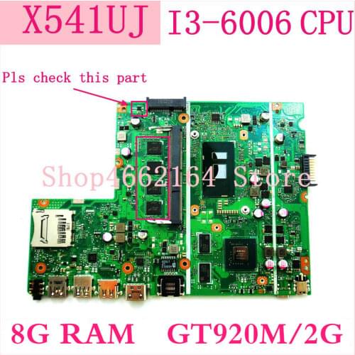 X541UJ motherboard 8G RAM/I3-6006U/AS GT920M/V2G mainboard For Asus X541UVK X541UJ X541UV laptop motherboard 100% Tested OK
