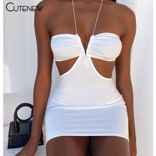 Cutenew Summer Sexy Hollow Out V-Neck Mini Dress Womens Clothes Casual Halter Sleeveless Streetwear Fashion Solid Lady Dresses