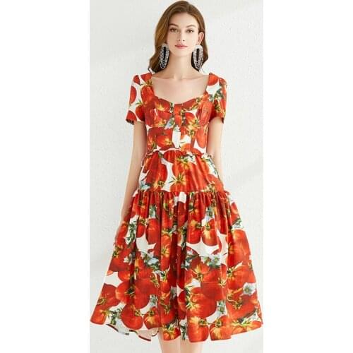 Vintage Summer Women Tomato Flower Print Holiday Dress Runway Fashion Square Collar Red Sexy Backless Bow Ball Gown Midi Dress