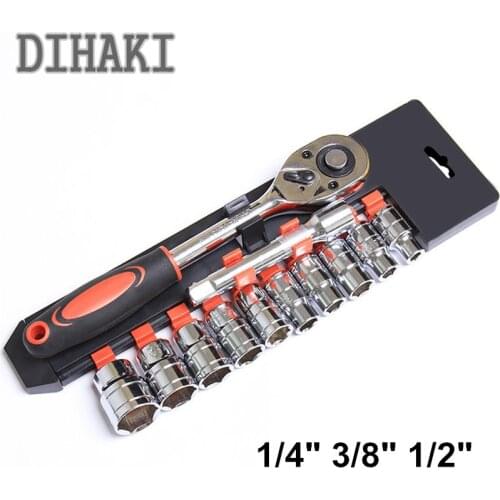 12Pcs 1/4" 3/8" 1/2" Socket Wrench Set CR-V Drive Ratchet Wrench Spanner for Motorcycle Car Repairing Tool Set Common Sockets
