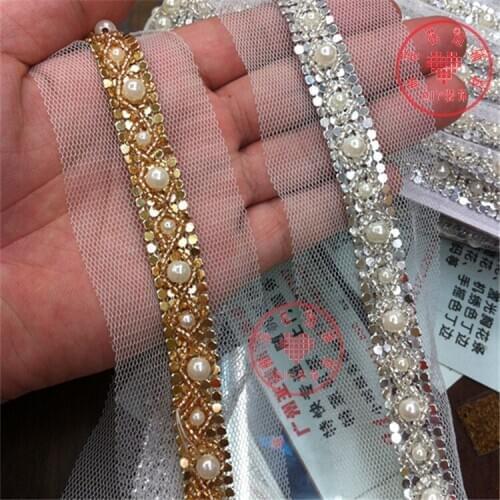 2Yards/lot 15mm Fake Pearl Beaded Lace Trim Gold Silver Sequined Mesh Fabric Paillette Lace Beaded Trim Braid Lace Applique