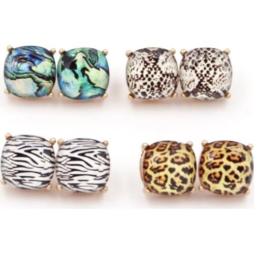 2021 New Summer Colored Leopard Zebra Snake Animal Grain Big Square Dot Stud Earring for Girl