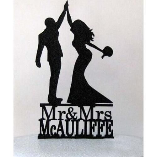 Acrylic wedding cake toppers High Five 2 with Mr & Mrs personalized last name color engagement bridal shower party tools