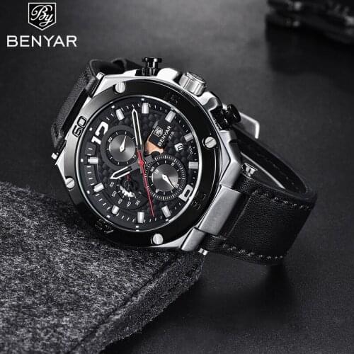 Benyar Design Top Brand Luxury Fashion Mens Quartz Watch Automatic Date High Quality Waterproof Leather Watch Relogio Masculino