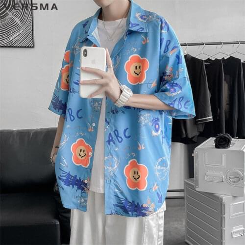 VERSMA Japanese Harajuku Funny Print Imported Shirts Men Women Summer Oversized Blue Hip Hop Hawaiian Shirt Men 5XL Dropshipping