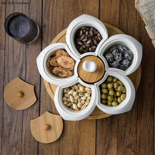 5 Grid Ceramic Fruit Plate Bamboo Base Dessert Plate Flower Petal Platter Snack Fruit Plate Simple Craft Tableware Supplies