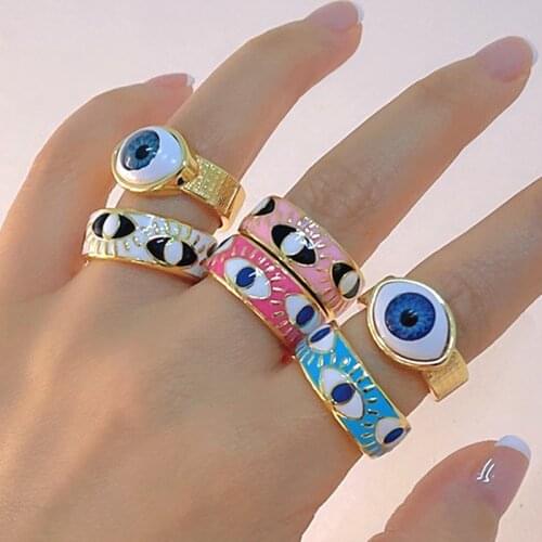 New INS Gold-plated Pink Evil Eye Rings for Women Y2K Jewelry Vintage Charms Goth Rings Opening Adjustable 90s Aesthetic Friends