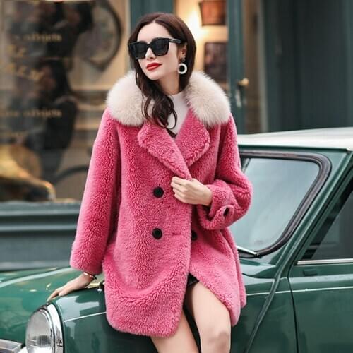 High Quality 100% Genuine Wool Fur Jacket Fox Fur Collar Jackets for Women2020 Oversized Womens Coats Mujer Chaqueta Zjt1408