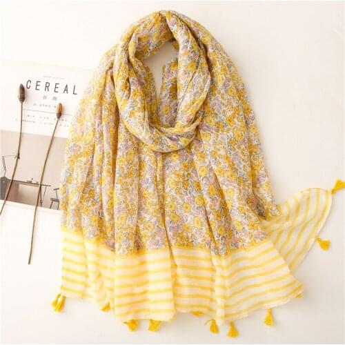 Lovely Fashion Yellow Polka Floral Tassel Viscose Shawl Spring Autumn Wrap Hijabs Lady Pashmina Stole Foulards Muslim 180*90Cm