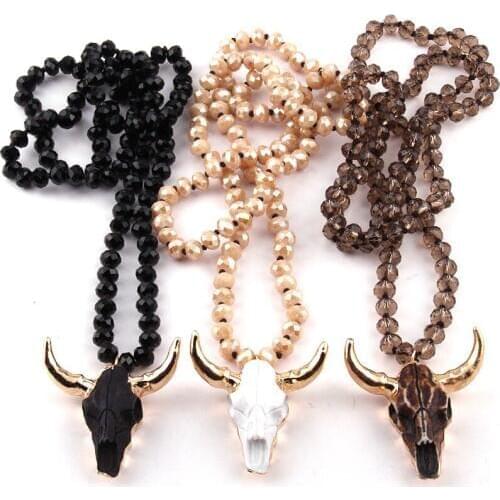 Fashion Bohemian Jewelry Glass Crystal Knotted 3 Color Horn Pendant Necklace For Women Ethnic Necklace