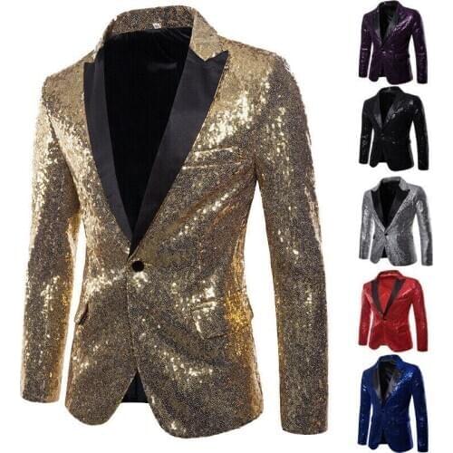 Fashion Men Sequin One Button Blazer Suit Jacket Shiny Wedding Formal Dance Club Coat