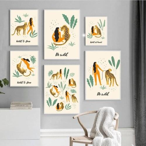 Wild Free Cheetah Girl Grassland Wall Art Canvas Painting Abstract Nordic Posters And Prints Wall Pictures For Living Room Decor