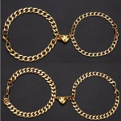 Stainless Steel Cuban N K Love Magnet Titanium Steel Couple Bracelet Gold Heart-Shaped Magnet Bracelet for Women Men