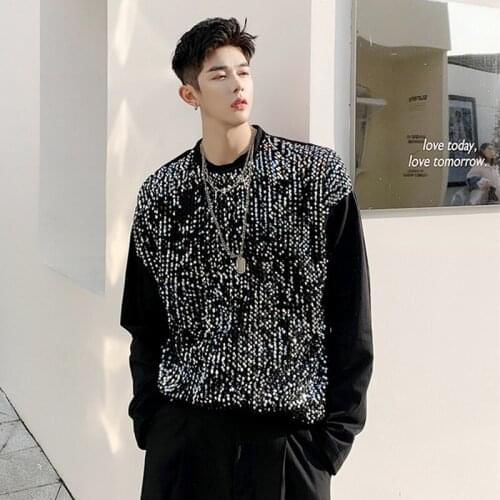 New Black White Fashion Casual Tees Shirts Glitter Stage performance Costume Long Sleeve T-shirt Hip Hop DJ Dancer Sequined Tops