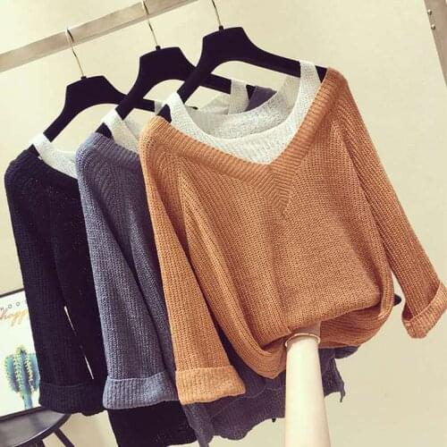 Fall 2021 Women Autumn Fake Two Long Sleeved Off-the-shoulder Knitwear Loose Blouse Woman Female Sweaters Casual Tops MOKIJINS