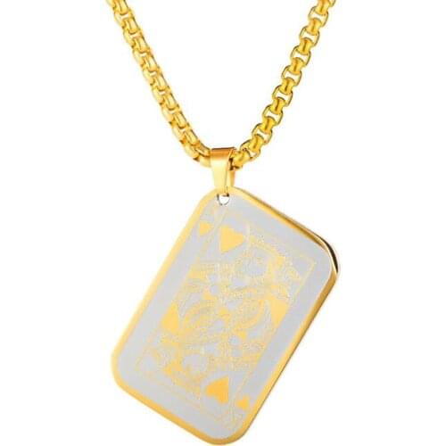 Stainless Steel Poker Card Gold K Pendant Necklace Men Punk Rock Jewelry Gift For Him with Chain
