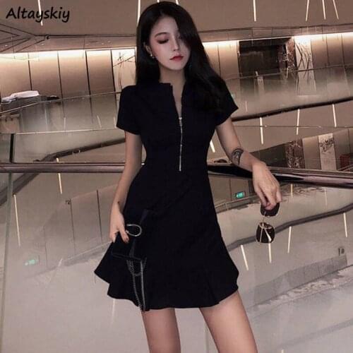 Dresses Womens Summer Solid Zipper Ruffles Above Knee Stand Collar Slim Skinny Sexy Lady Pleated Capable Feminine Temperament