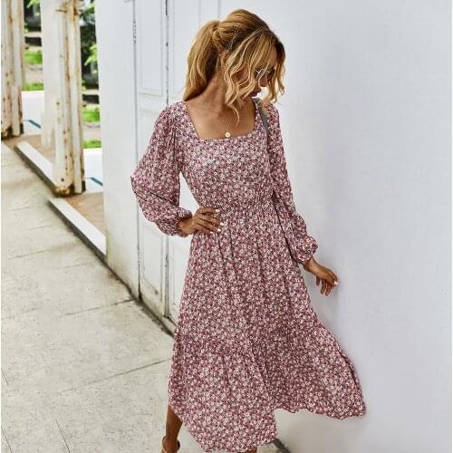 Chiffon Long Dress Women Sundress Elegant Ladies Dresses Square Collar Party Dresses Floral Print Summer Dress for Woman Robe