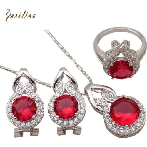 Glam Luxe Mysterious 2020 New Fashion Jewelry Sets Red Garnet Silver Color Plated Pendants/Ring/Earrings Size 7 S207