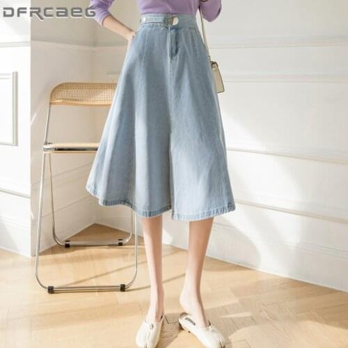 Light Blue Streetwear Women A-Line Long Skirts Jeans 2021 High Waist BF Vintage Washed Denim Skirt Female
