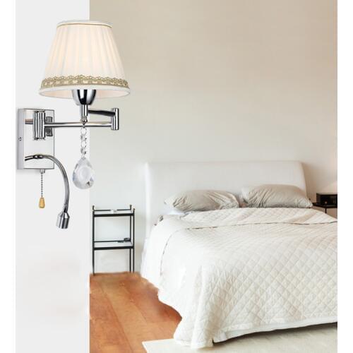 Crystal 10W(7W+3W) LED Wall Sconce Light Fixture Flexible Pipe Spotlight Fabric Lamp Shade E14 Bulb Pull Switch Bedroom Aisle