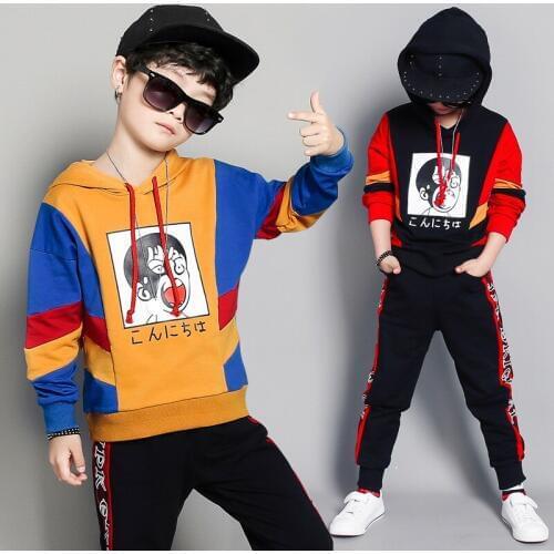 Spring Autumn Kids Boys Street Wear 2PCS Sets Cartoon Color Splicing Hooded Sweatshirts+Sweatpants Casual Boys Tracksuit 4-15T