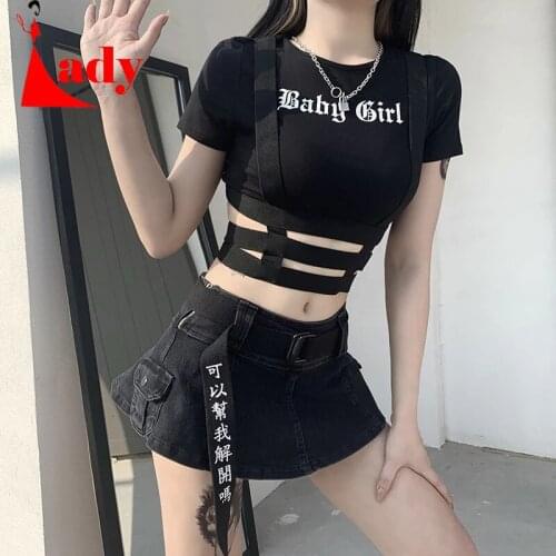 Streetwear Punk Hollow Out Black T Shirt Harajuku Goth Letter Print Bodycon Short Sleeve Top Women Sexy Basic Crop Tops
