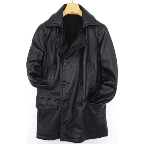 US Style Vintage Mens Windbreaker Cowhide Leather Jacket Long Coat For Man Winter Genuine Leather Naval Officers Trench Coats