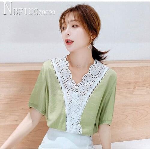 2020 Summer Korean Fashion Lace Women Blouse Avocado Green Female Chiffon Blouses