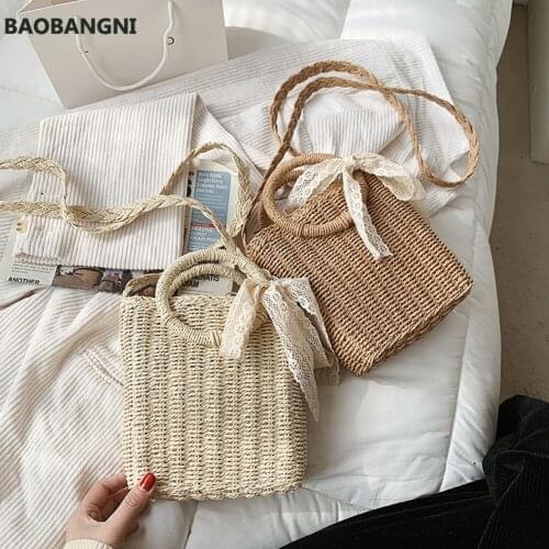 Summer Small Bow Straw Shoulder Bags Women Woven Beach Square Bag Fashion Mini Crossbody Top-handle Handbags