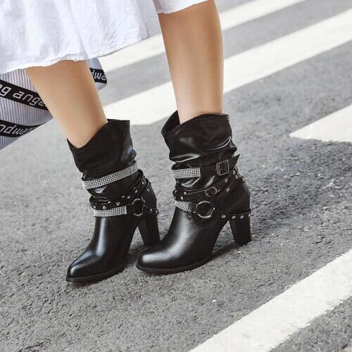 Vintage Belt Buckles Boots Womens Boots High-heeled Pointed Shoes Multi-layer Buckle Back Zipper Solid Color Retro