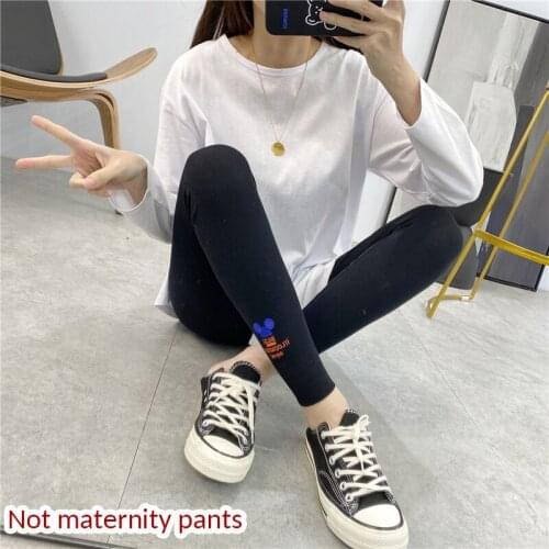 Womens threaded solid color leggings high waist cartoon Mickey embroidery stretch slimming tight stretch leggings