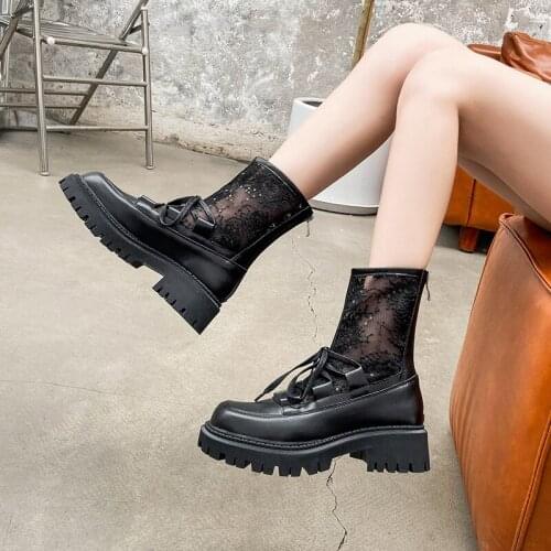 Thick-Heeled Thick-Soled Breathable Mesh Hollow Womens Boots Mesh Lace-Up Height-Enhancing Shoes Thin Breathable Mid-Calf Boots