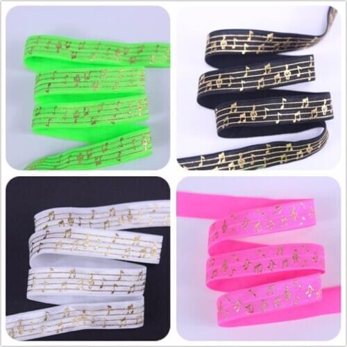 6 colors 5/8 gold foil musical note print fold over elastic for hair ties 100Y/ Roll