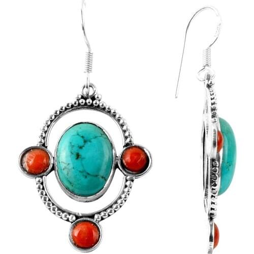 925 Sterling Silver Turquoise, Coral Stone Earrings