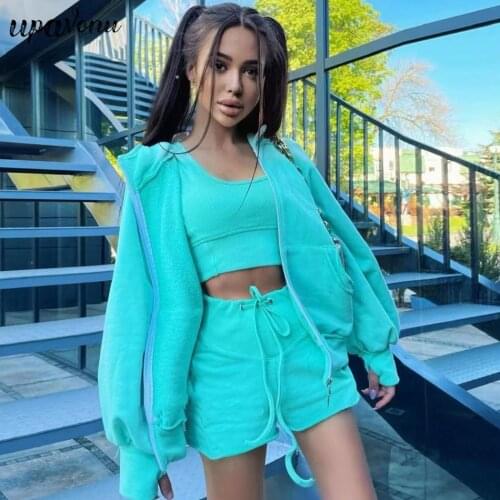 Free Shipping Fashion Casual Sportswear Suit 2021 New Women Long Sleeve Zipper Hooded Jacket & Cropped Vest & Shorts 3-Piece Set