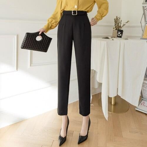 Office Suit Pants Women High Waist Chic Straight Trousers Female Solid Color Casual Ankle Length Belted Pants Pantalones Mujer