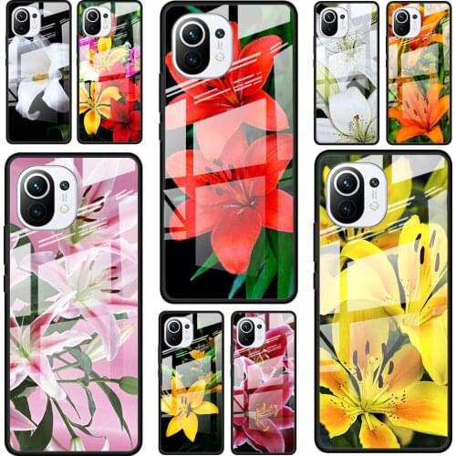 Colorful Flower Lily for Xiaomi Mi 11 Ultra Lite 10T Note 10 9T Pro CC9 CC9E 5G Luxury Tempered Glass Phone Case Cover
