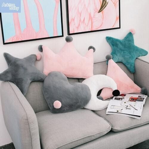 Decorative Throw Pillows for Girls. Pink Fluffy Stars Throw Pillow and Soft Moon Crown Pillow. Plush Kid’s Bedroom Décor Cushons