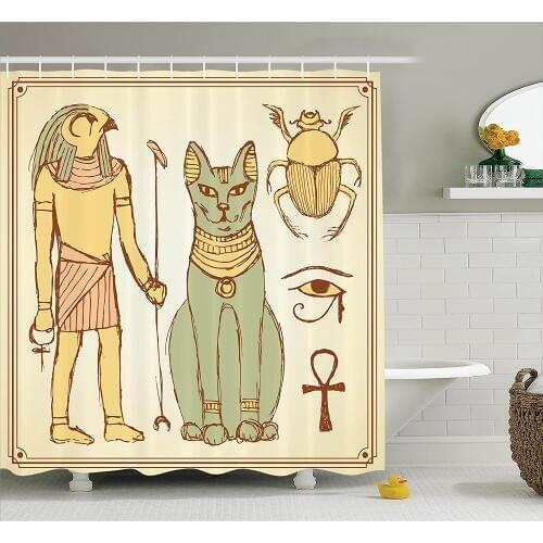 Long Cream Yellow and Green Egyptian Decor Shower Curtain by Ambesonne Graphic Ancient Egyptian Religious Icons Cat Figure Retro