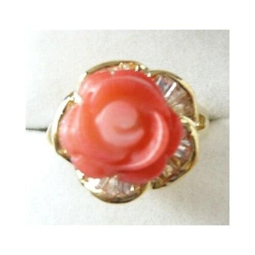 12mm pink Coral Crystal Flower Ring US size 6 7 8 9# Crystal ringe wide Girl Genuine Natural stone gems Fortune Fine jewelry