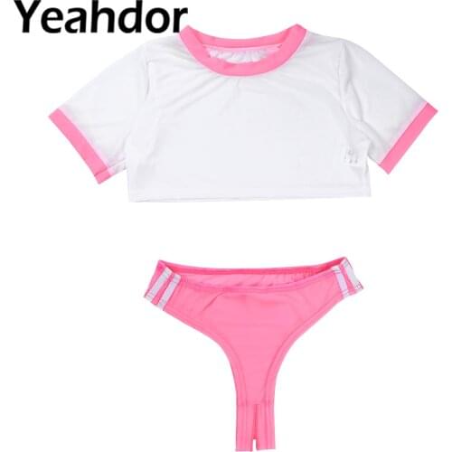 Women Two Pieces School Girl Bodysuit Lingerie Set Short Sleeves Sheer Crop Top with Open Crotch Briefs Underwear Sexy Costume