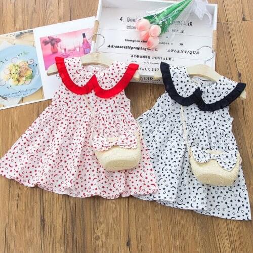Summer Kids Dresses for Girls Baby Girl Clothes Summer 2 Pcs Sets Stars Moon Print Sleeveless Doll Collar Girls Dresses+bag 0-4Y