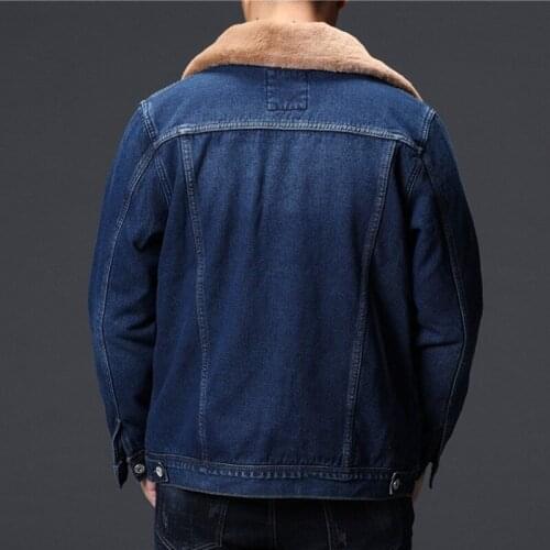 Winter New Brand Thick Warm Fleece Lining Mens Denim Jackets Long Sleeve Single Breasted Faux Fur Collar Casual Coats Plus Size