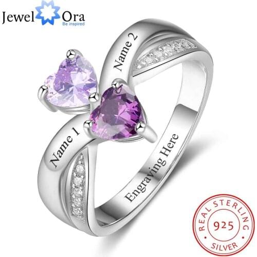 Promise Rings Personalized Heart Birthstone Engrave 2 Names 925 Sterling Silver Jewelry Love Gift For Her (JewelOra RI103264)